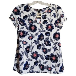 Women’s Tunic Top Small Blue Pink Floral Scoop Neck Short Sleeve Gold Hardware